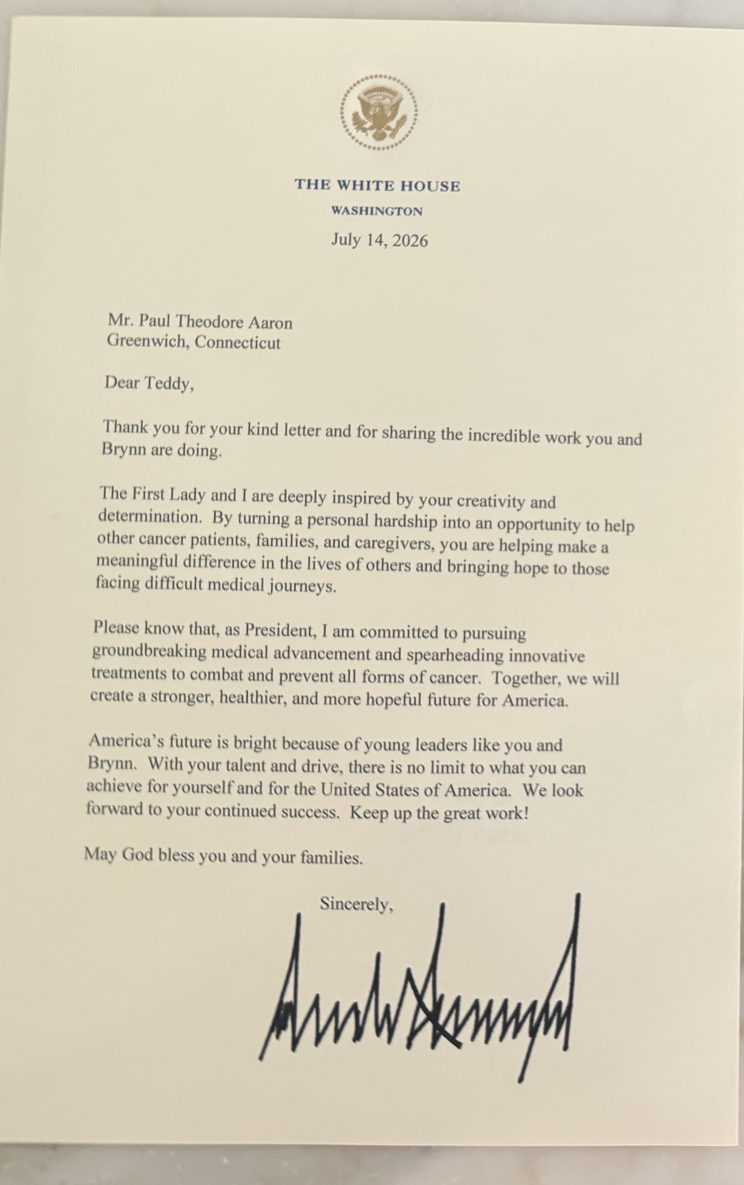 Letter on White House stationery dated July 14, 2026, addressed to Mr. Paul Theodore Aaron of Greenwich, Connecticut, signed by President Donald J. Trump